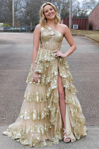 Unique One Shoulder Gold Sequin Tulle Ruffle Tiered Long Prom Dress with Slit VK23122101