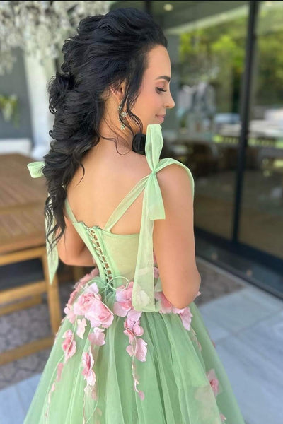 Fairy A Line Sweetheart Sage Green Tulle Long Prom Dress with Appliques VK25010701