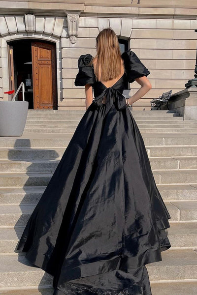 Black Square Neck Short Sleeves Satin Prom Dresses with Bow VK24050403