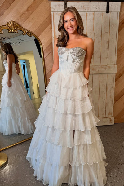Gorgeous A Line Sweetheart White Tiered Chiffon Prom Dress with Beading VK102703