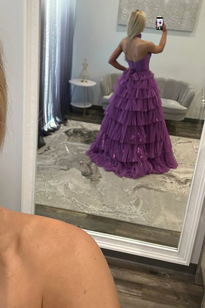 Gilitter Ball Gown Strapless Purple Organza Ruffle Tiered Prom Dresses with Slit VK26010704