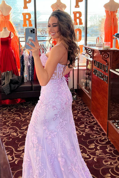 Lilac Appliques Strapless Mermaid Long Prom Dress VK23122507