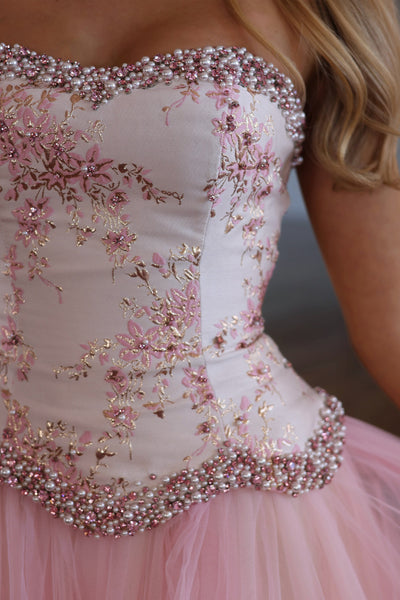 Cute A-Line Sweetheart Blush Pink Tulle Long Prom Dress with Beading VK26102605