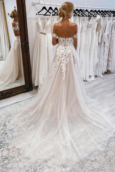 Bohemian A Line Off the Shoulder Tulle Wedding Dresses VK24110704