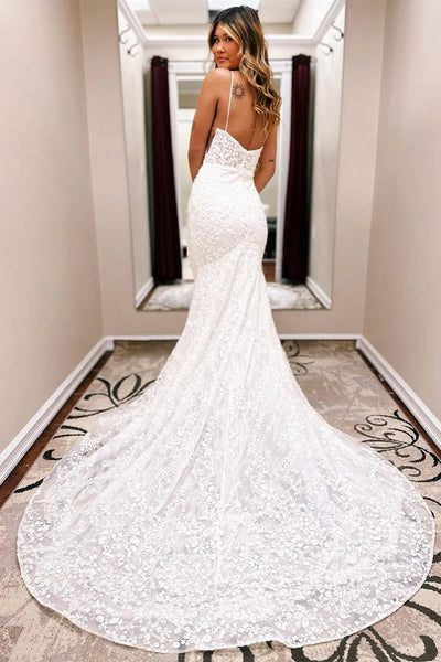 Ivory Spaghetti Straps Long Train Lace Mermaid Wedding Dress VK23090405