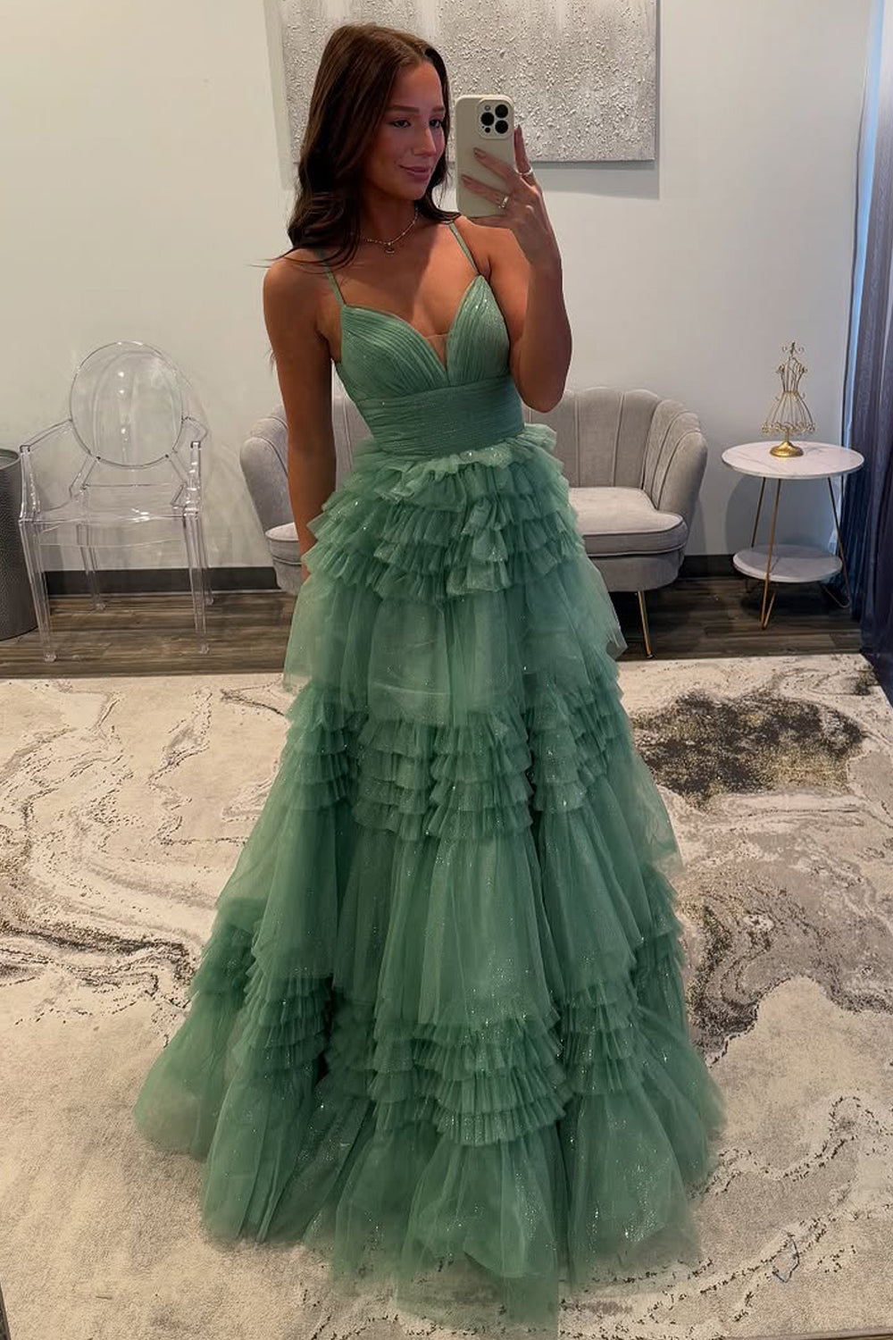A-Line V Neck Sage Green Tulle Long Prom Dresses VK022405