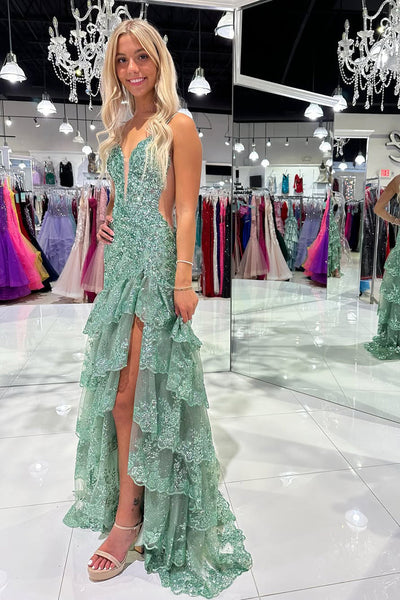 Cute V Neck Sage Green Slit Prom Dress with Sequins Appliques VK13120908