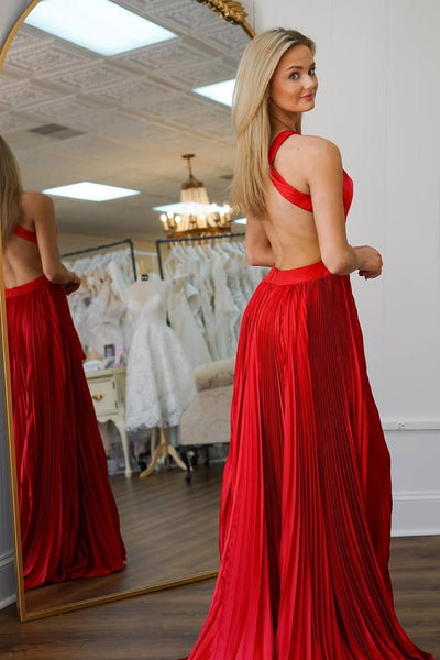 A-Line Halter keyhole Cutouts Red Satin Pleated Long Prom Dresses with Slit VK021412