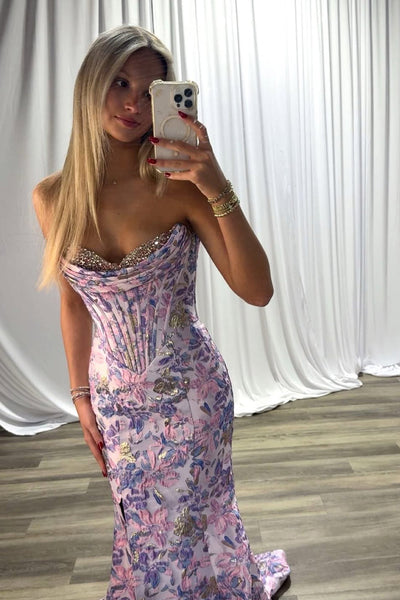 Cute Mermaid Lavender Jacquard Satin Prom Dress with Beading VK151203010