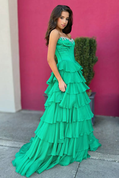 Gorgeous A Line Green Chiffon Tiered Prom Dress with Beading VK15112705