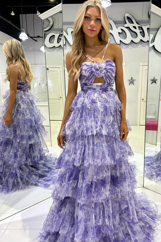 A-Line Halter Floral Printed Long Prom Dresses with Keyhole VK24021503