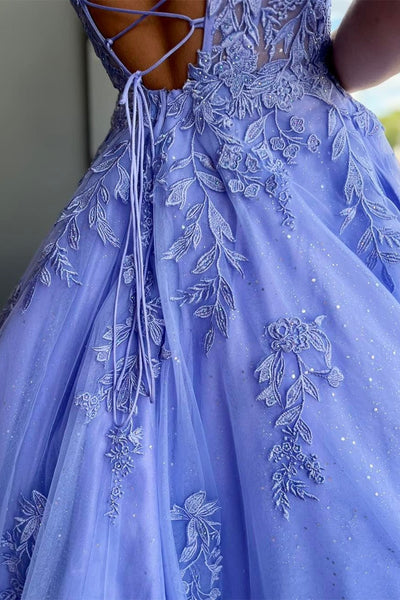 Periwinkle Tulle Appliques Lace-Up A-Line Long Prom Dress VK23102604