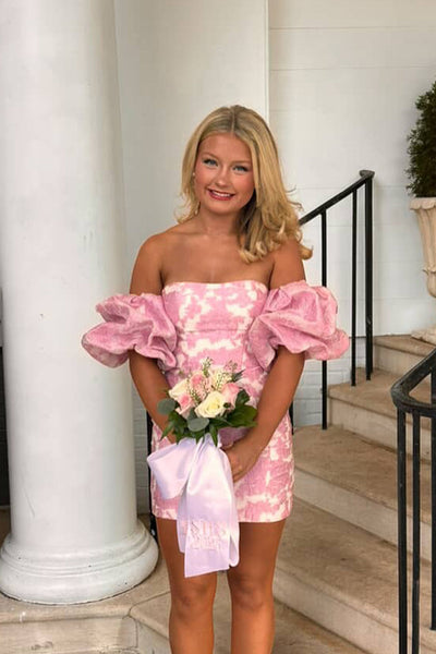 Bodycon Strapless Pink Jacquard Satin Homecoming Dress with Sleeves VK25100706