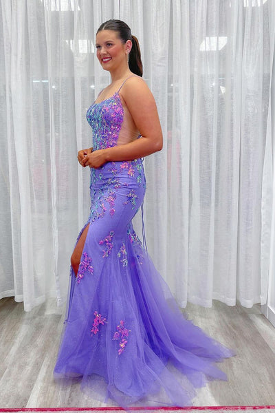 Lavender Scoop Neck Sequins Appliques Mermaid Long Prom Dress VK24030602