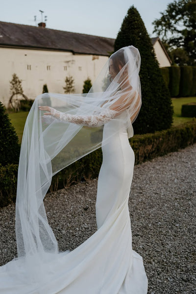 Simple Mermaid Cowl Neck Silk Satin Wedding Dresses with Appliques VK25092302