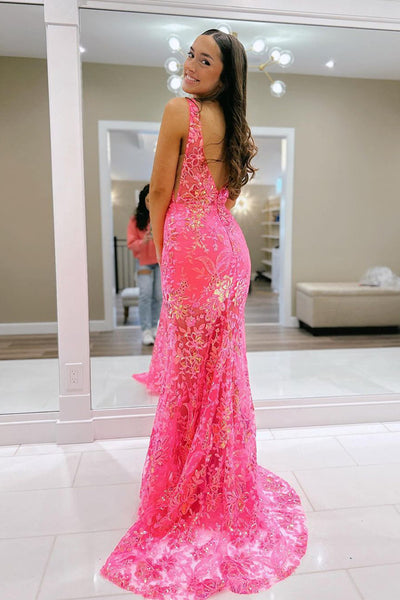 Pink Mermaid V Neck Sequin Lace Long Prom Dresses VK23091504