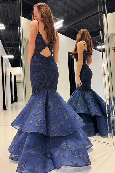 Navy Blue V Neck Mermaid Long Prom Dresses with Appliques VK24022703