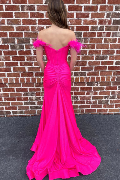 Off The Shoulder Hot Pink Mermaid Long Prom Dress with Feathers VK23101403