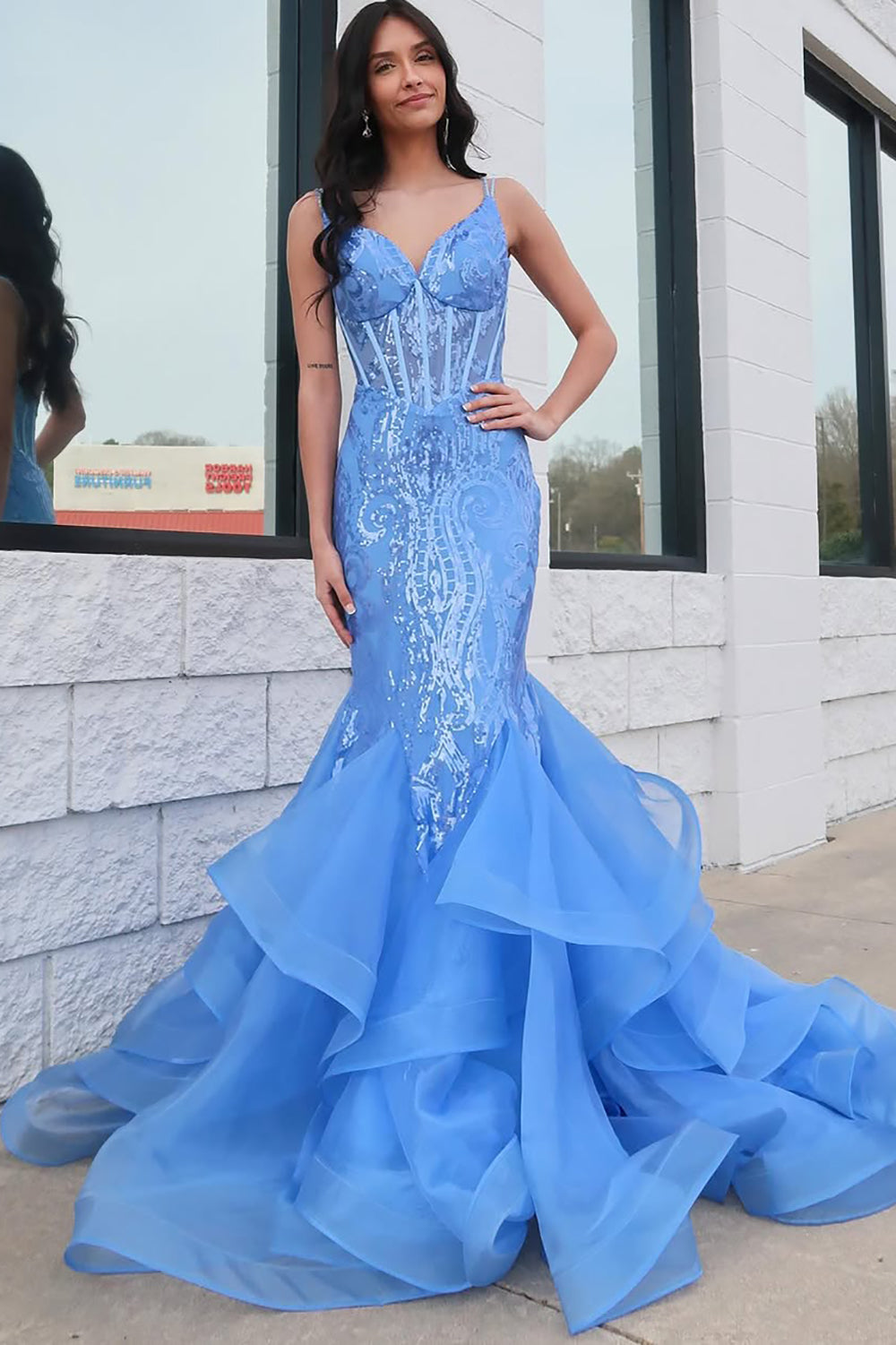 Mermaid V Neck Blue Corset Lace Prom Dresses Ruffles with Spaghetti Straps VK25101406