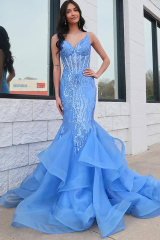 Mermaid V Neck Blue Corset Lace Prom Dresses Ruffles with Spaghetti Straps VK25101406