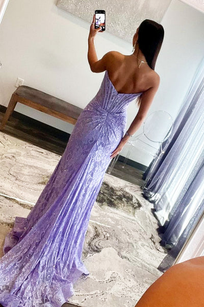 Lavender Lace Strapless Mermaid Long Prom Dresses with Slit VK23122806