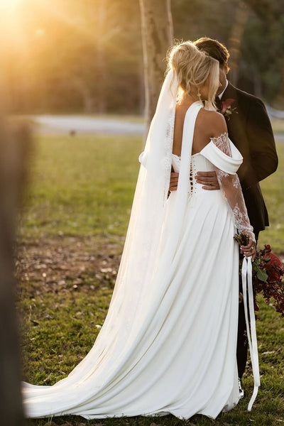 Fairy A Line Off the Shoulder Satin Long Wedding Dress with Slit VK25060904