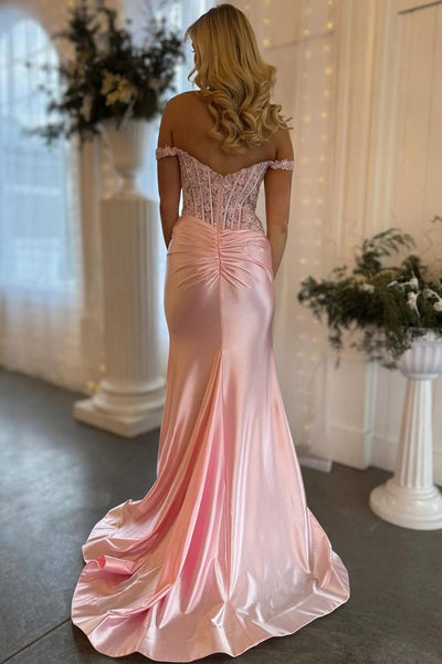 Charming Mermaid Off the Shoulder Blush Satin Prom Dress with Appliques VK25010304