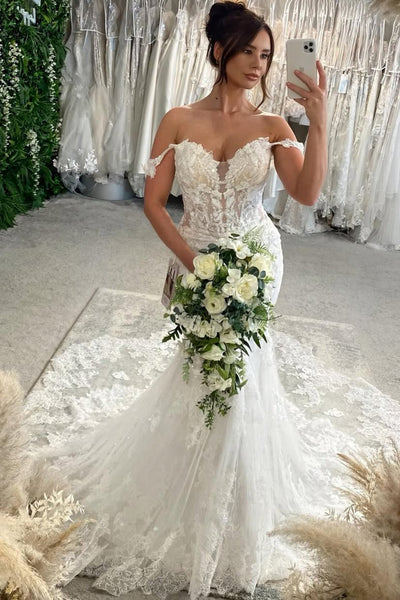 Charming Mermaid Off the Shoulder Lace Wedding Dress with Appliques VK16020611