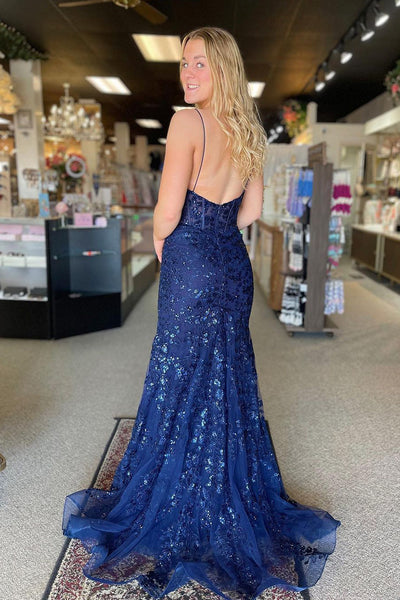 Navy Scoop Neck Sequin Lace Mermaid Long Prom Dresses VK24021905