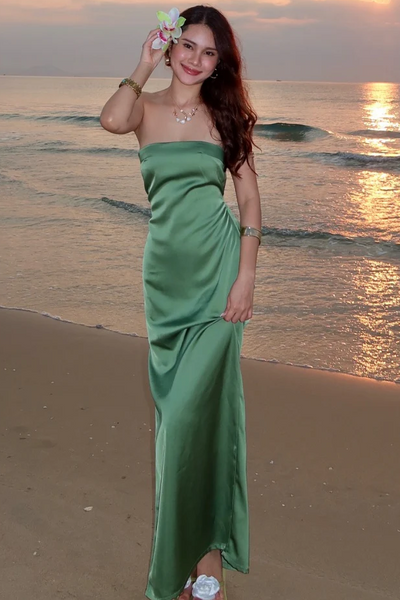 Sheath Strapless Sage Green Silk Satin Long Formal Prom Dresses VK26011701