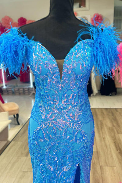 Hot Pink Feathered Off the Shoulder Sequin Lace Long Prom Evening Dresses with Side Slit VK23082114