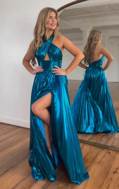 Charming A Line Halter Metallic Satin Pleat Prom Dress with Slit VK020204