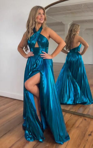Charming A Line Halter Metallic Satin Pleat Prom Dress with Slit VK020204