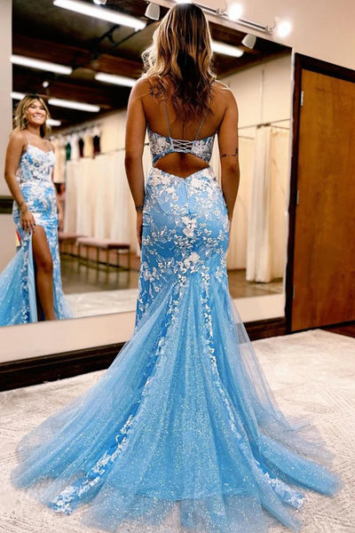 Blue Open Back Mermaid Lace Prom Dress with Slit VK23092904