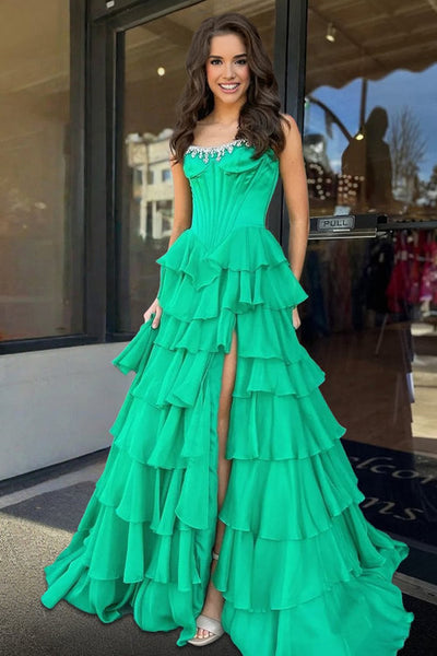 Charming A-Line Strapless Green Chiffon Tiered Long Prom Dresses with Slit VK26010602