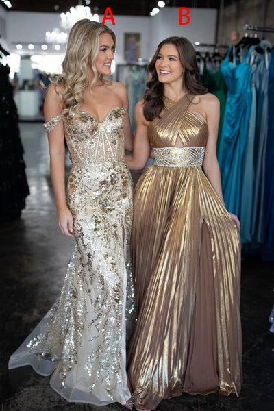 Gold Off the Shoulder Sequins Lace Mermaid Prom Dresses with Slit VK24031303