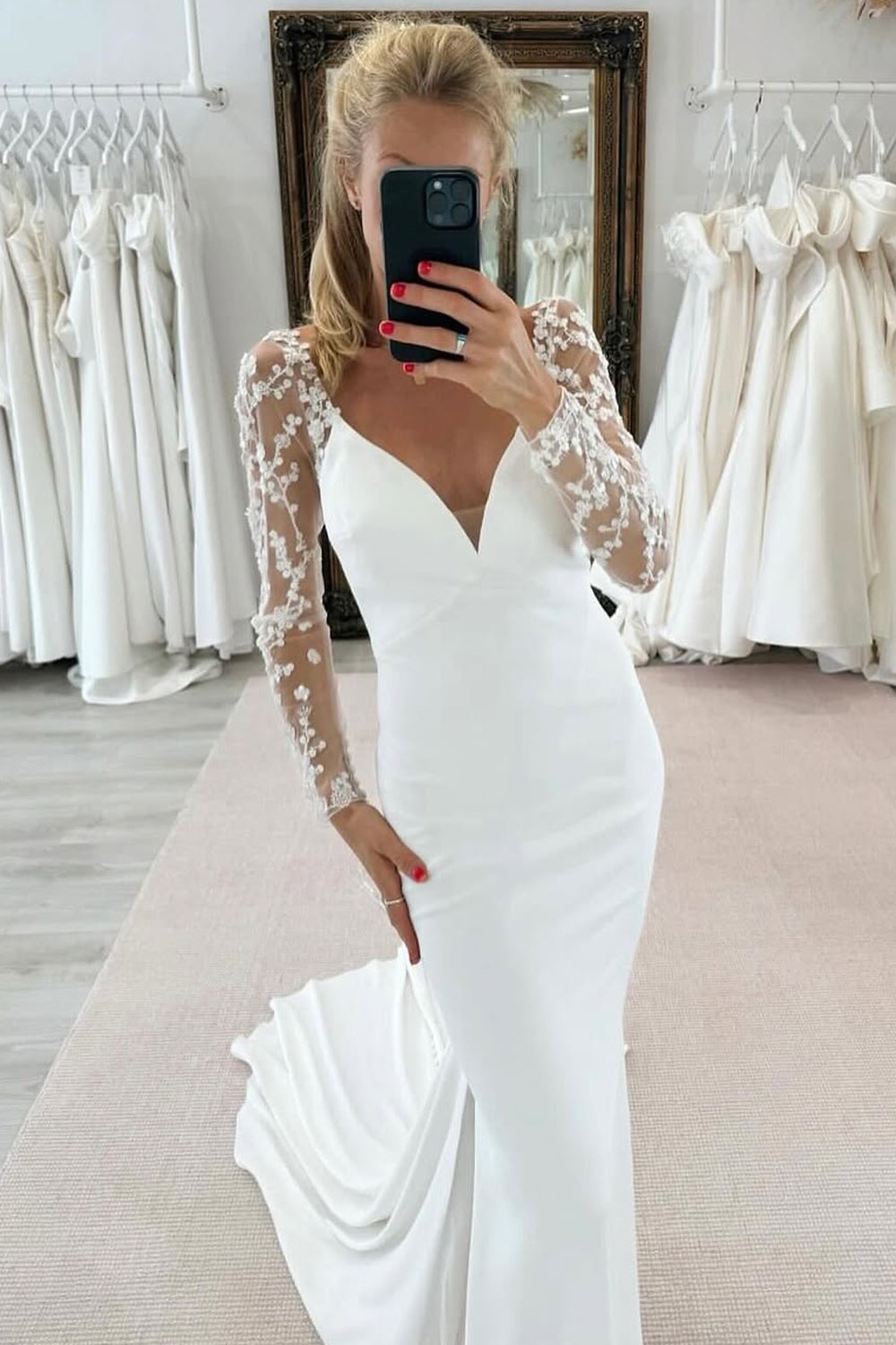 Elegant Mermaid V Neck Long Sleeves Wedding Dress with Lace VK25052511