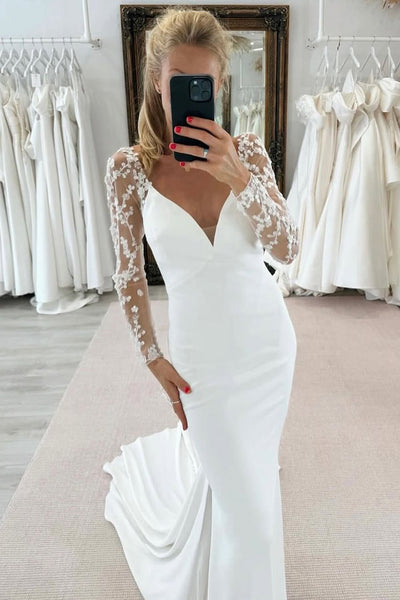 Elegant Mermaid V Neck Long Sleeves Wedding Dress with Lace VK25052511