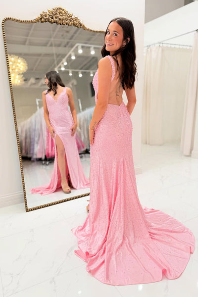Mermaid V Neck Pink Beaded Long Prom Dresses with Slit VK26012901