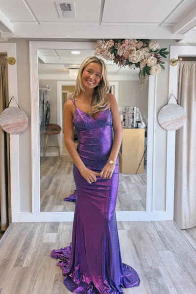 Mermaid V Neck Purple Metallic Satin Prom Dress with Hot Fix VK26031505