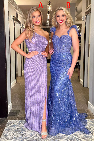 Lilac One Sholder Sequins Mermaid Prom Dresses with Slit VK24032501