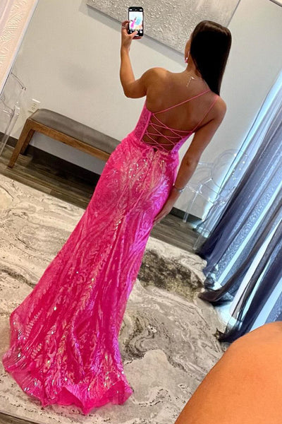 Mermaid One Shoulder Fuchsia Sequins Lace Long Prom Dresses VK24021804