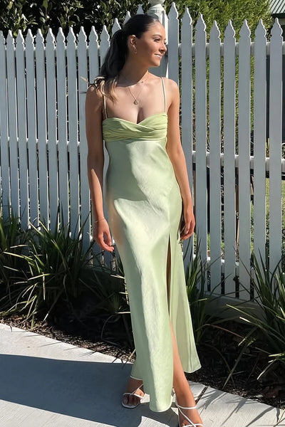 Sheath Spaghetti Straps Sage Green Silk Satin Long Prom Dresses with Slit VK26010904