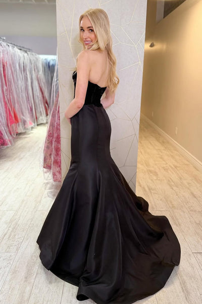 Mermaid Strapless Black Satin Lace Long Prom Dresses VKPD004