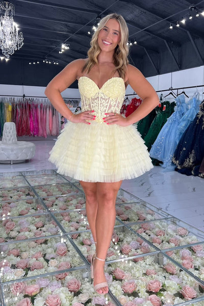 A Line Sweetheart Daffodil Tulle Homecoming Dress with Appliques VK26080905