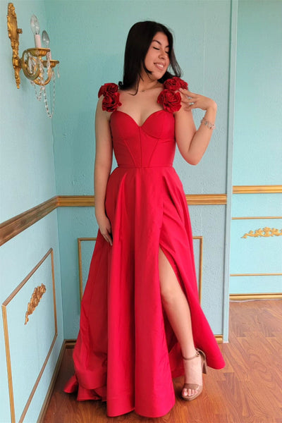 Red Floral Straps A-line Satin Long Prom Dress with Slit VK23112705