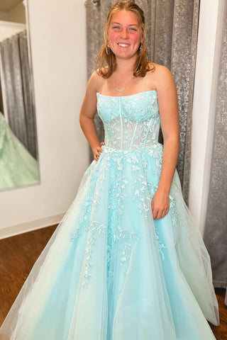 Elegant A-Line Strapless Aqua Blue Tulle Appliques Long Prom Dress VK23122109