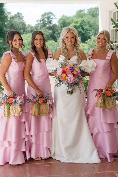 Mermaid Square Neck Bows Straps Ruffle Tiered Long Bridesmaid Dresses VK26081901