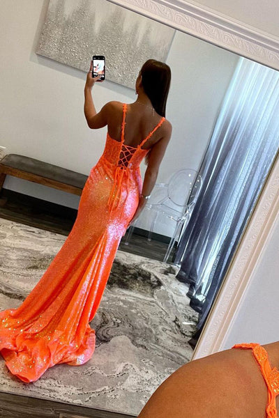 Orange Mermaid Straps Sequin Lace Long Prom Dresses with Side Slit VK23091509