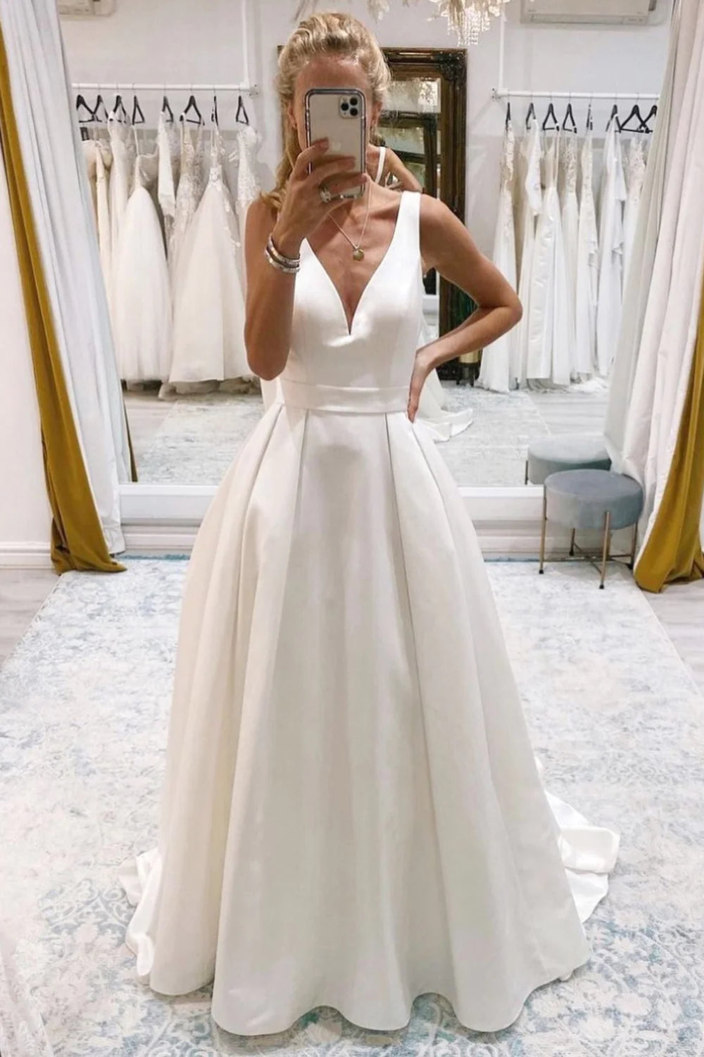 Ivory A-Line Deep V-Neck Long Wedding Dress with Bowknot VK23090105